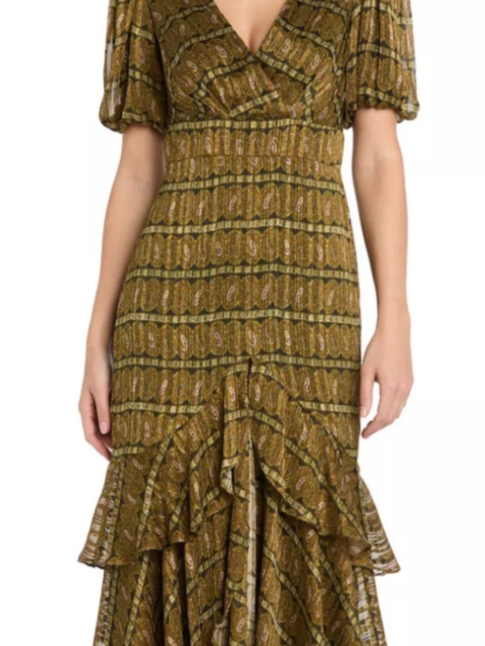R&M Richards Black Gold  metallic Tiered Ruffle Gown dress Grecian look